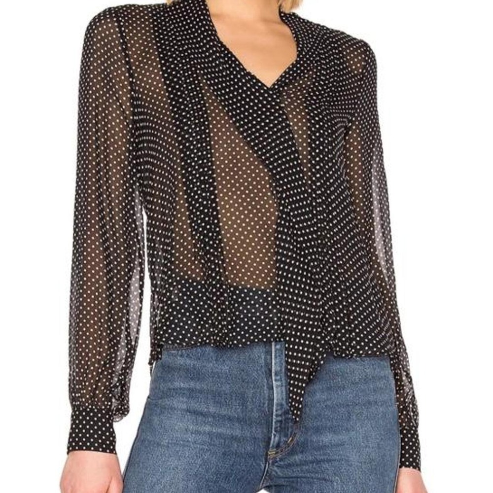 Joie Dowa 100% Silk Sheer Polka Dot Surplice Blouse Black & White Blouse
